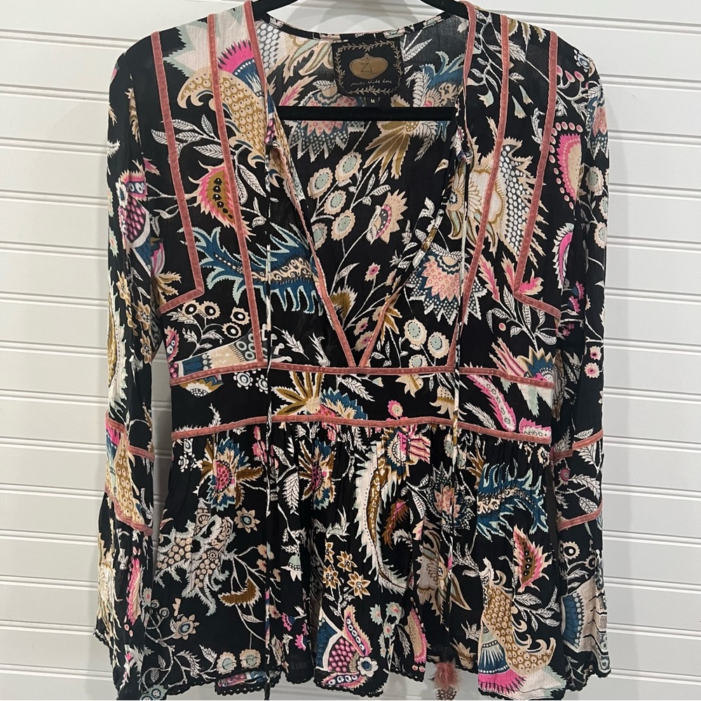 Z & L Long Sleeve Low Cut Blouse with feather tassels